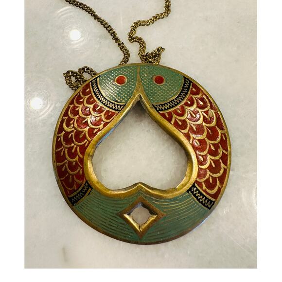 Vintage Brass Fish Pendant Necklace Made in India Rust Green Gold Statement - Picture 2 of 6